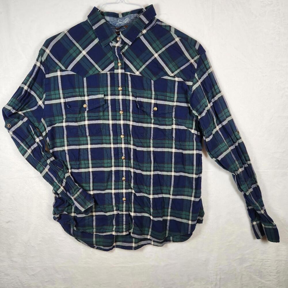 Jachs Girlfriend Plaid Green Blue‎ Western Shirt Pearled Snaps Size XL